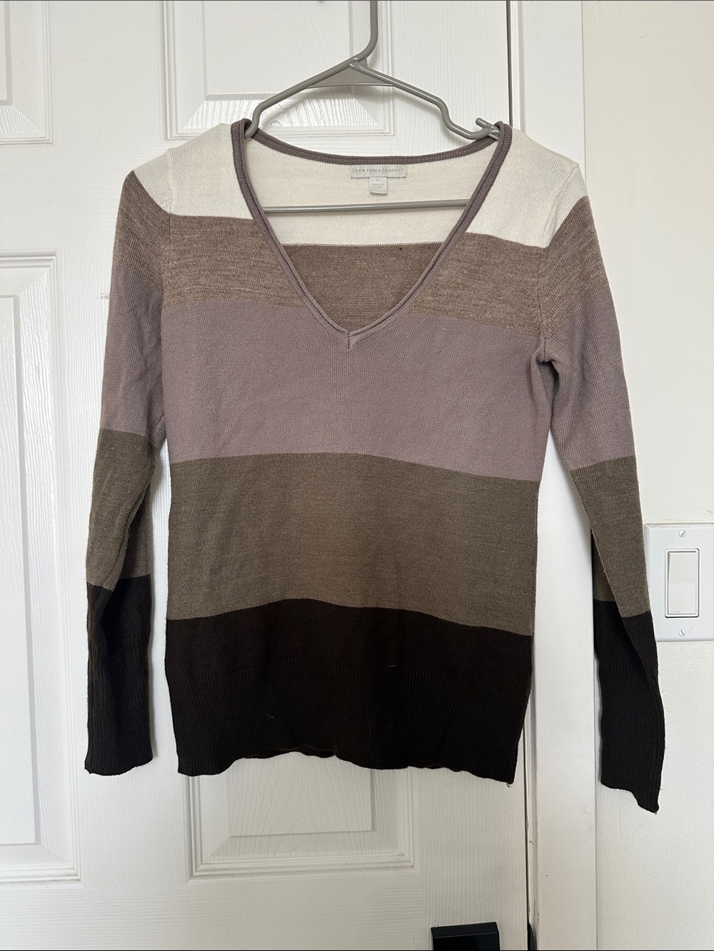 New York & Company Striped V-Neck Long Sleeve Top - Cream, Taupe & Brown